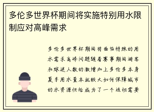 多伦多世界杯期间将实施特别用水限制应对高峰需求